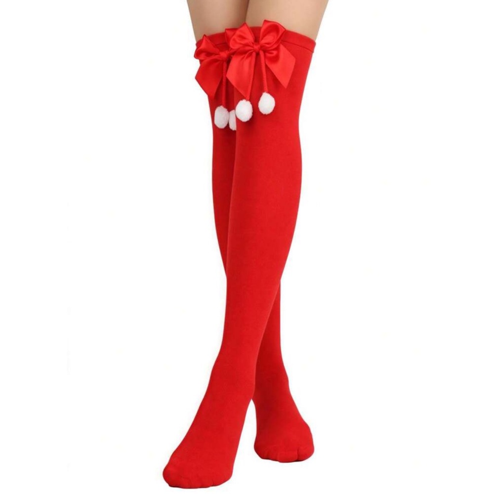 Red Thigh-High Socks with Bow and Pom Poms